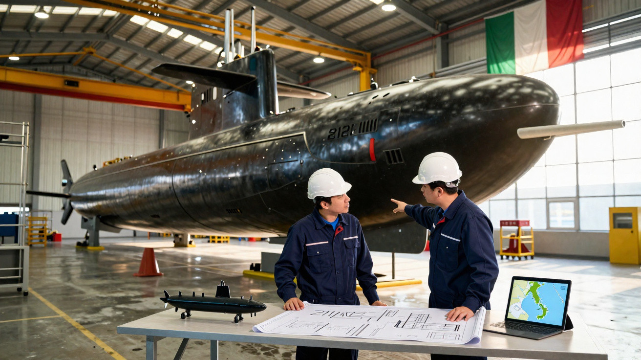 Dois engenheiros em capacetes discutem planos junto a um modelo e um submarino grande numa oficina industrial.