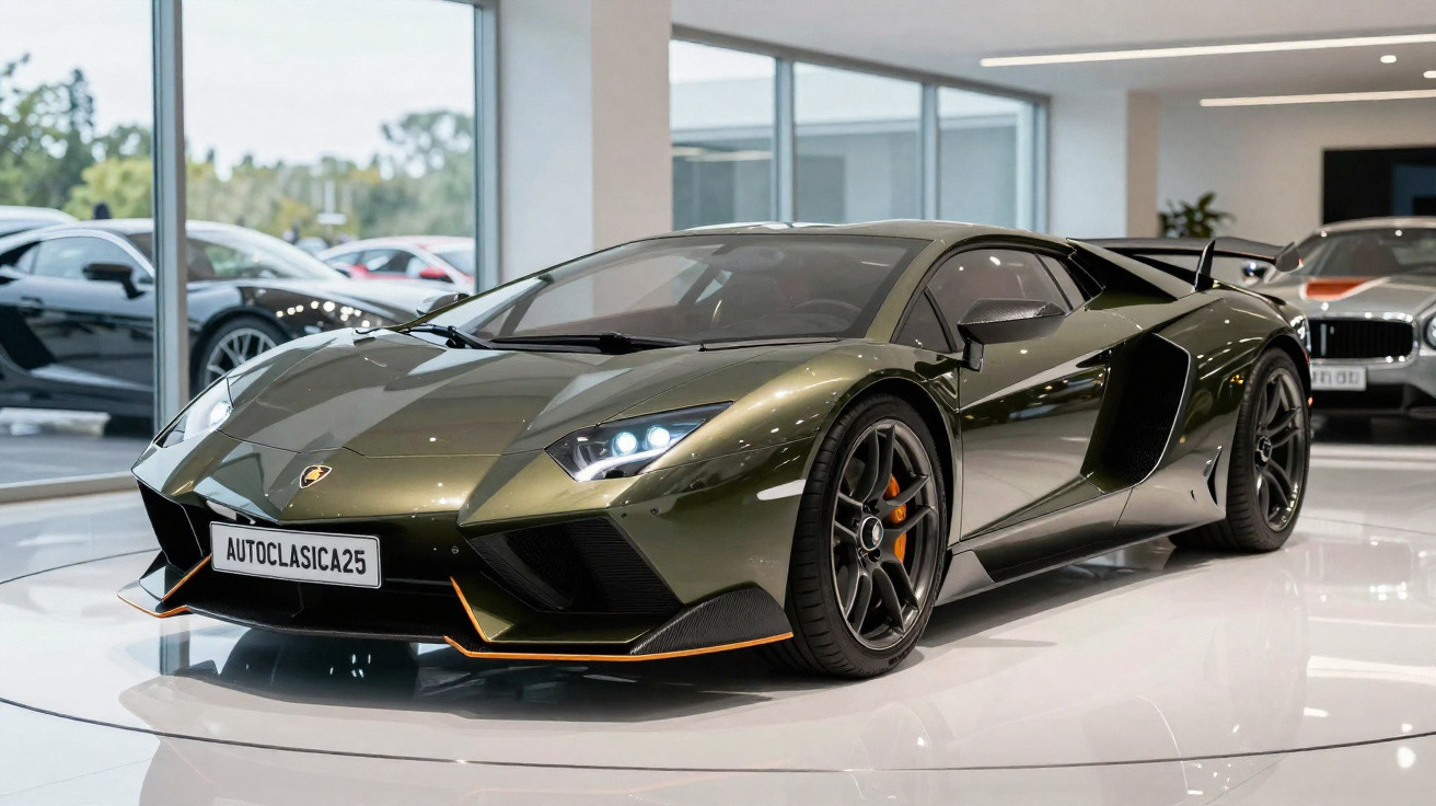 Carro desportivo Lamborghini verde escuro estacionado em salão de automóveis moderno.