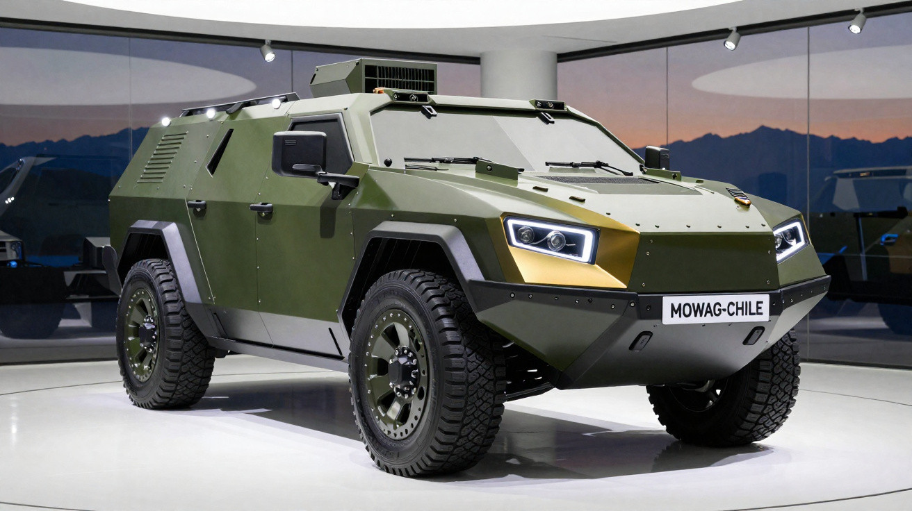 Veículo militar blindado verde com design angular exibido num espaço de exposição interior.