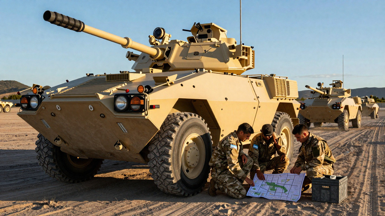 Carro de combate amarelo estacionado no deserto com três soldados a analisar um mapa no chão.