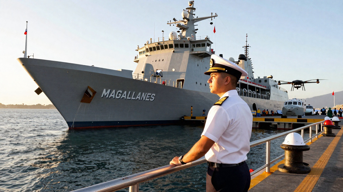 Oficial naval de uniforme branco observa destróier Magallanes atracado num porto ao pôr do sol.