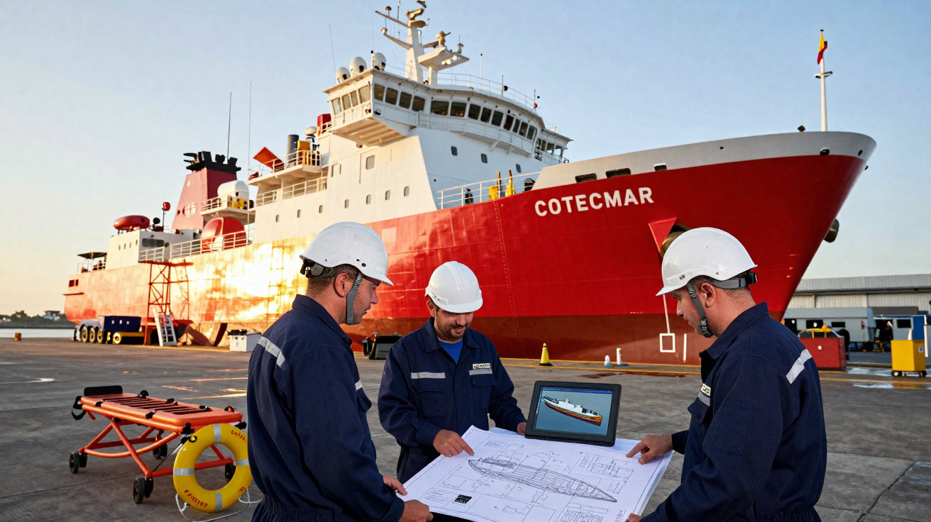 Três trabalhadores com capacetes brancos analisam plantas junto a um grande navio vermelho e branco no cais.