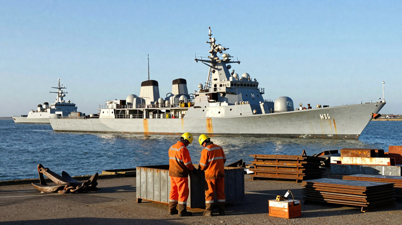 Dois trabalhadores com coletes e capacetes amarelos junto a materiais metálicos, com navios militares ao fundo no porto.