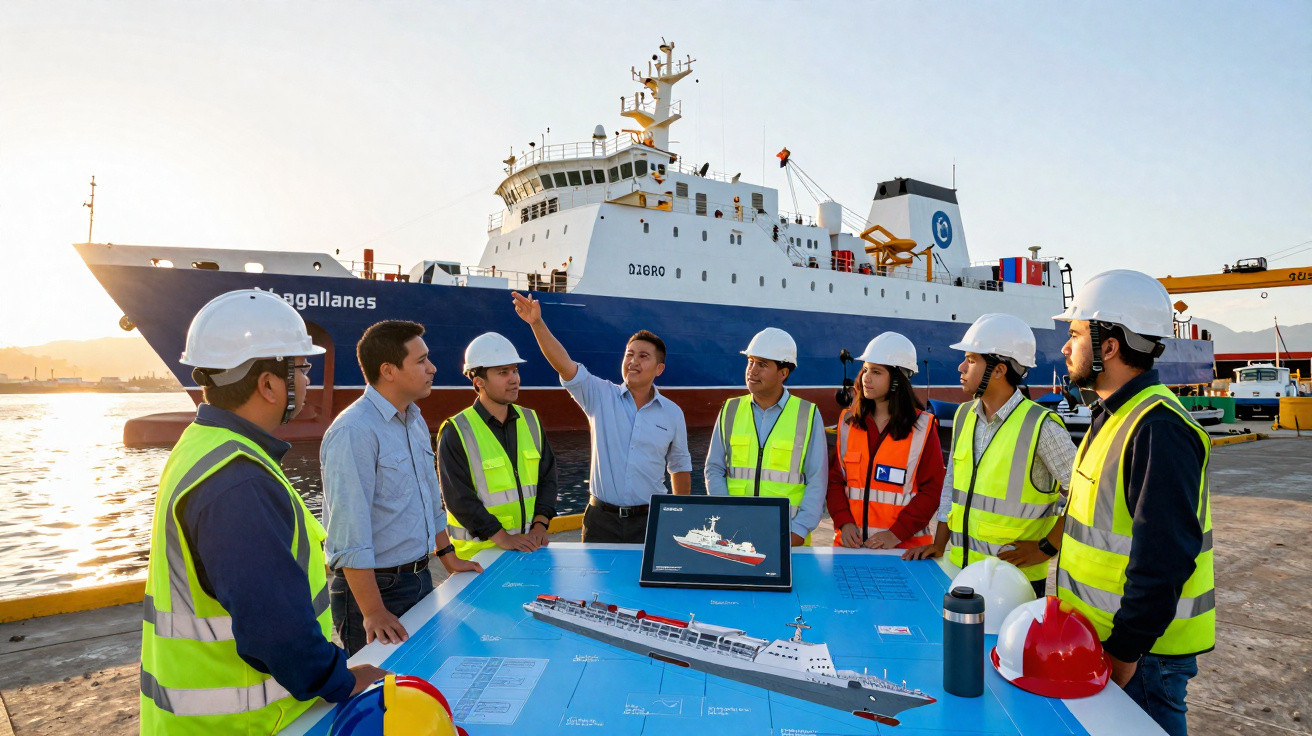 Equipa de engenheiros em capacetes e coletes refletivos numa reunião junto a mapas e maquetes de navios no porto.