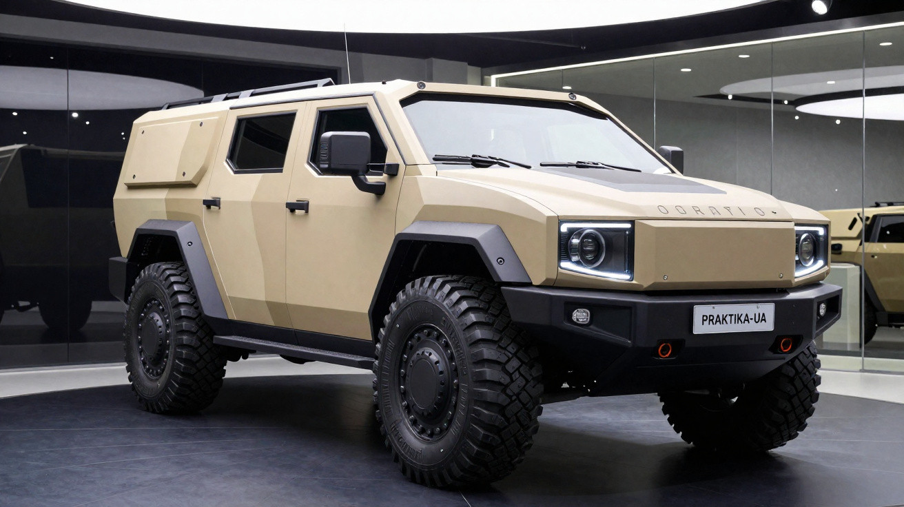 Veículo todo-o-terreno militar bege com design angular e pneus grandes em exposição interior.