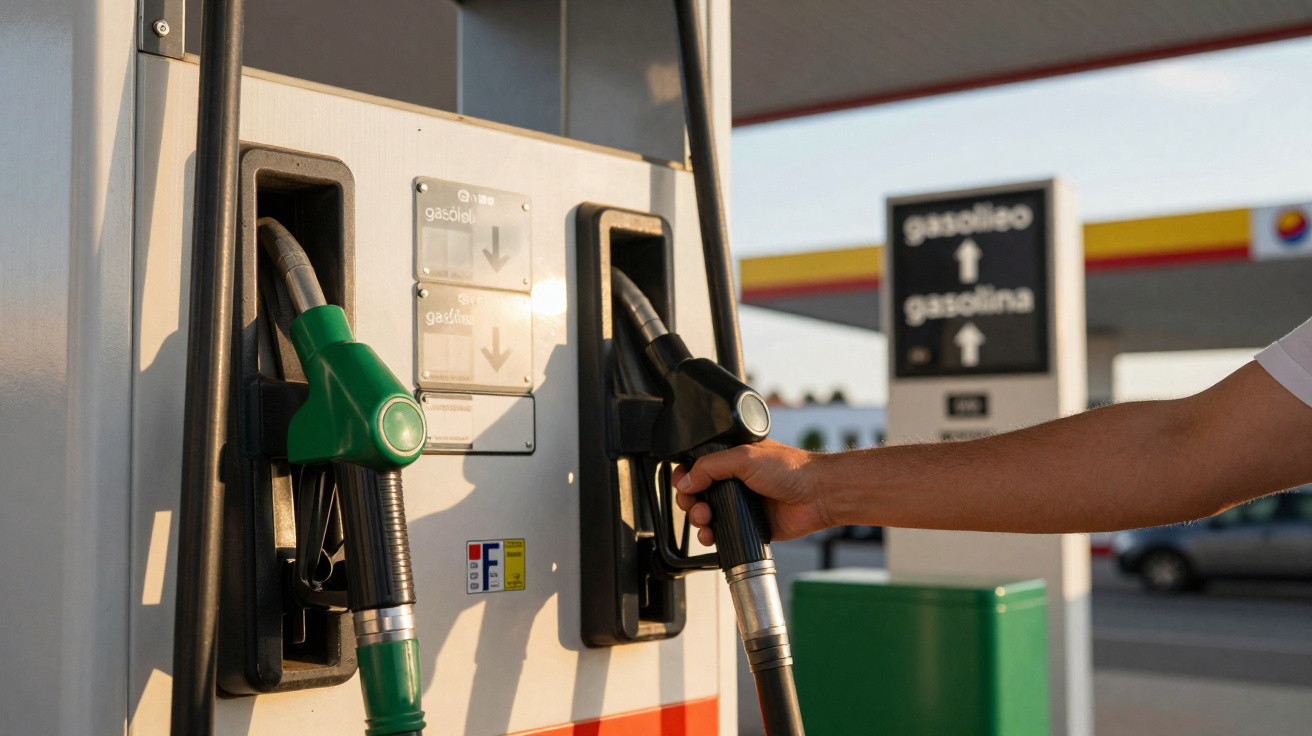 Mão segura bico de gasolina preta num posto de combustível com bicos verde e preto.