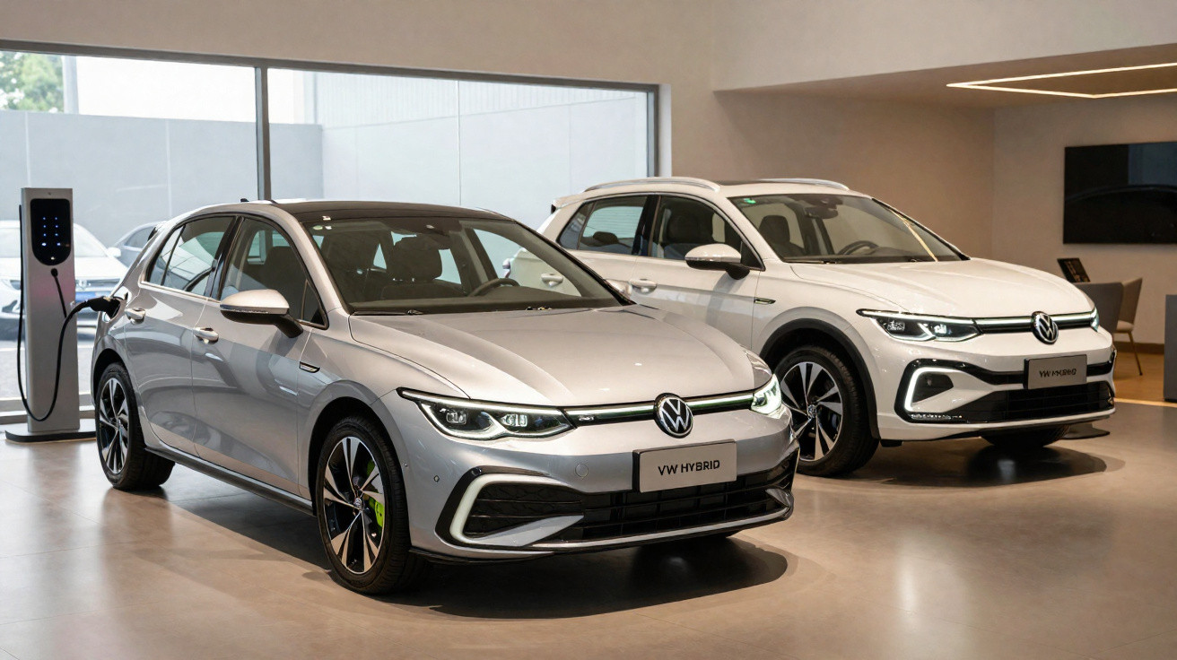 Dois carros Volkswagen híbridos expostos em showroom moderno, um cinzento e outro branco.