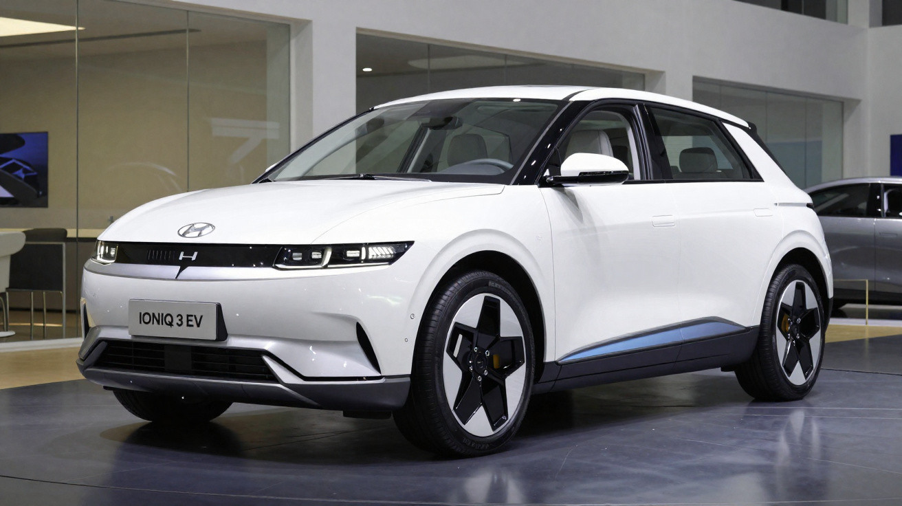 Carro elétrico branco Hyundai Ioniq 3 EV estacionado em salão moderno com janelas de vidro.