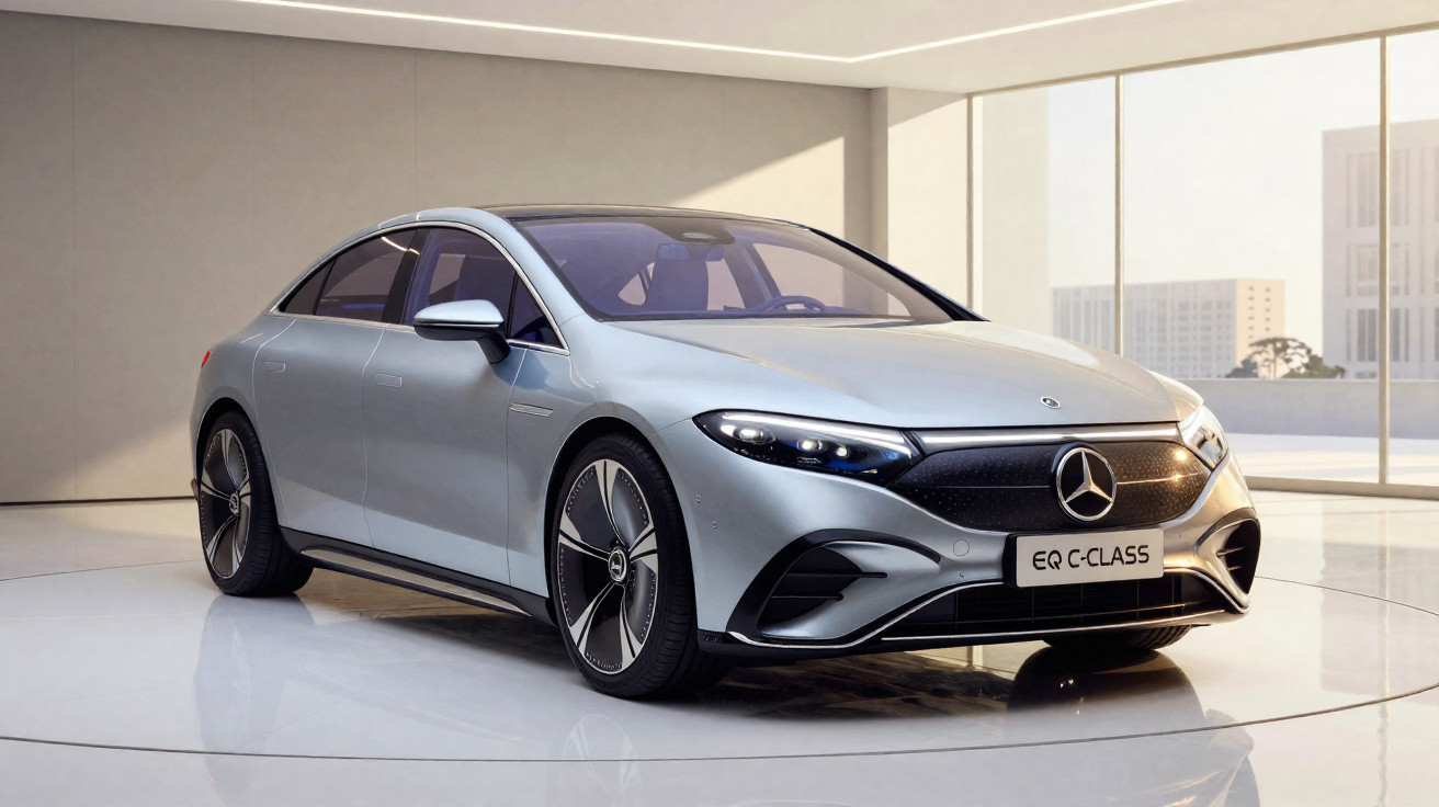 Mercedes-Benz EQ C-Class elétrico prateado estacionado em ambiente moderno e minimalista.
