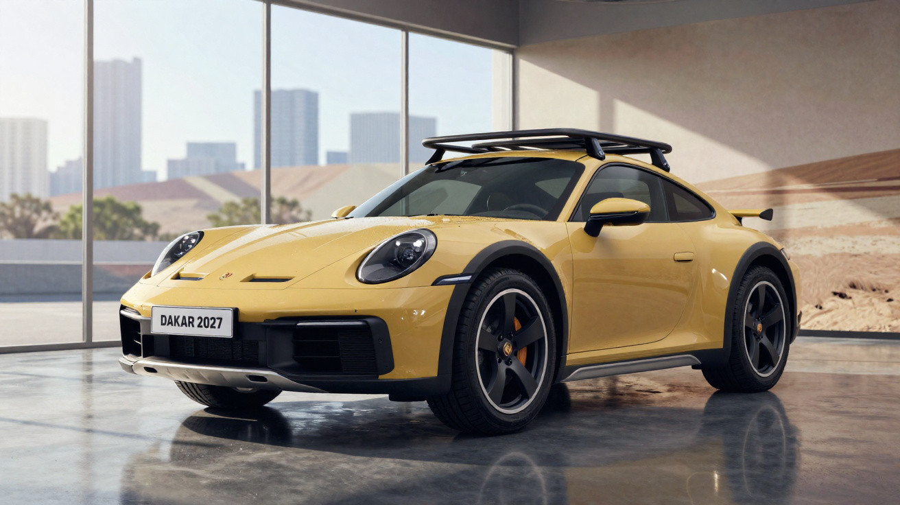 Automóvel desportivo amarelo Porsche 911 Dakar 2027 em showroom moderno com janelas panorâmicas.
