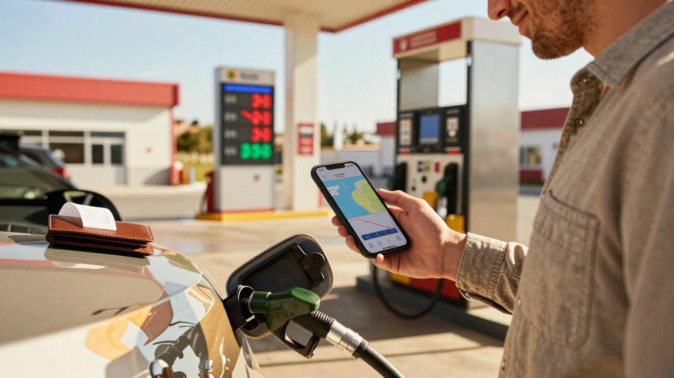 Homem maquina celular com app aberto numa bomba de gasolina a abastecer automóvel com carteira em cima do carro.