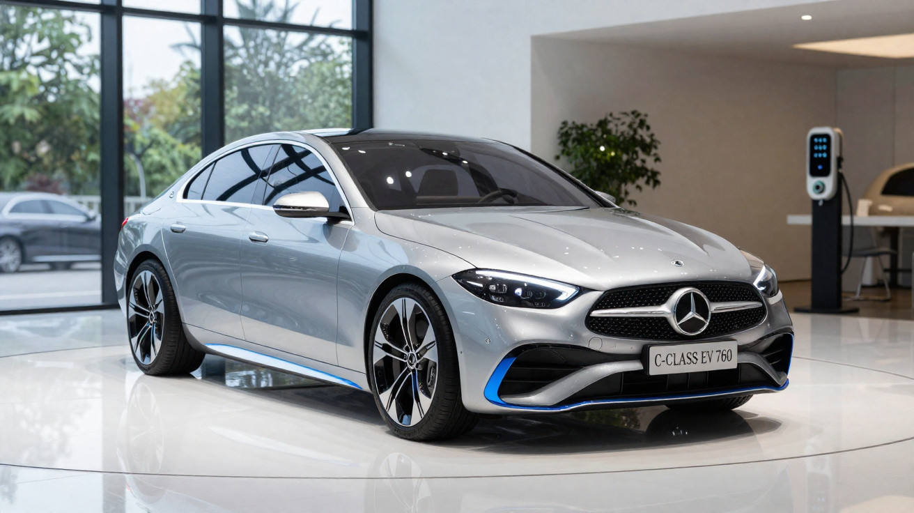 Carro elétrico Mercedes-Benz C-Class EV 760 cinzento num showroom moderno.