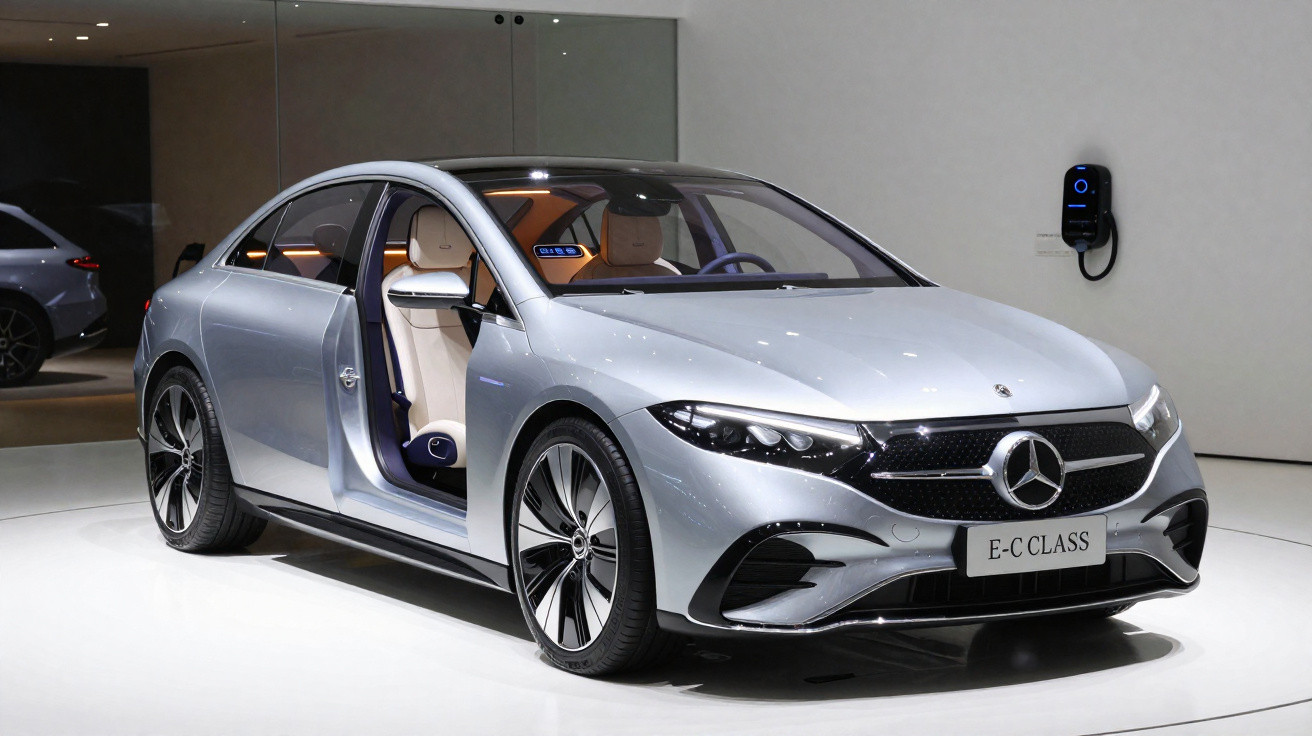 Carro elétrico Mercedes-Benz E-Class prata com porta dianteira aberta e carregador na parede.