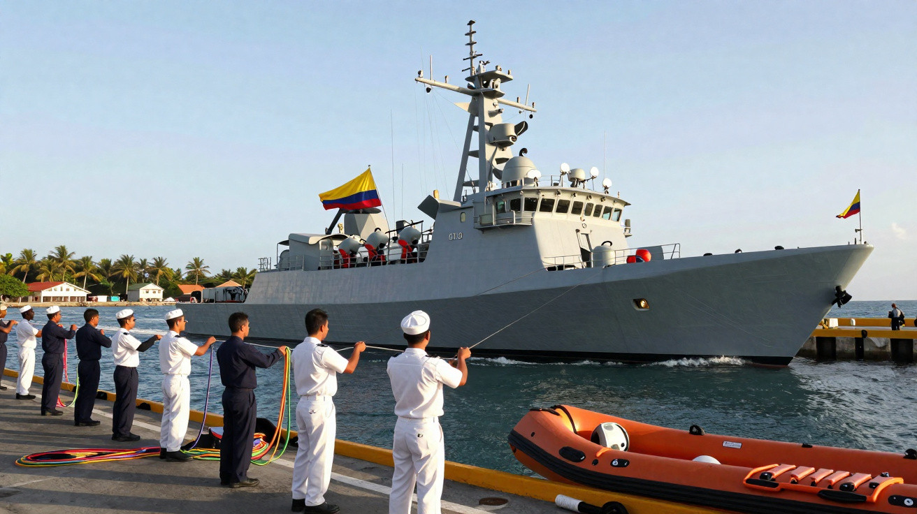Marinheiros em porto seguram cordas enquanto grande navio militar com bandeira da Colômbia navega próximo.