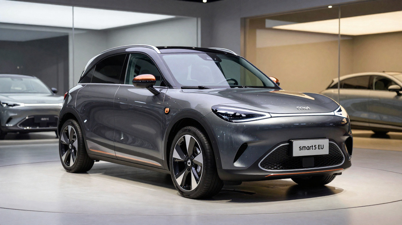 Automóvel elétrico Smart 5 EU cinza estacionado em showroom moderno com chão claro e paredes espelhadas.