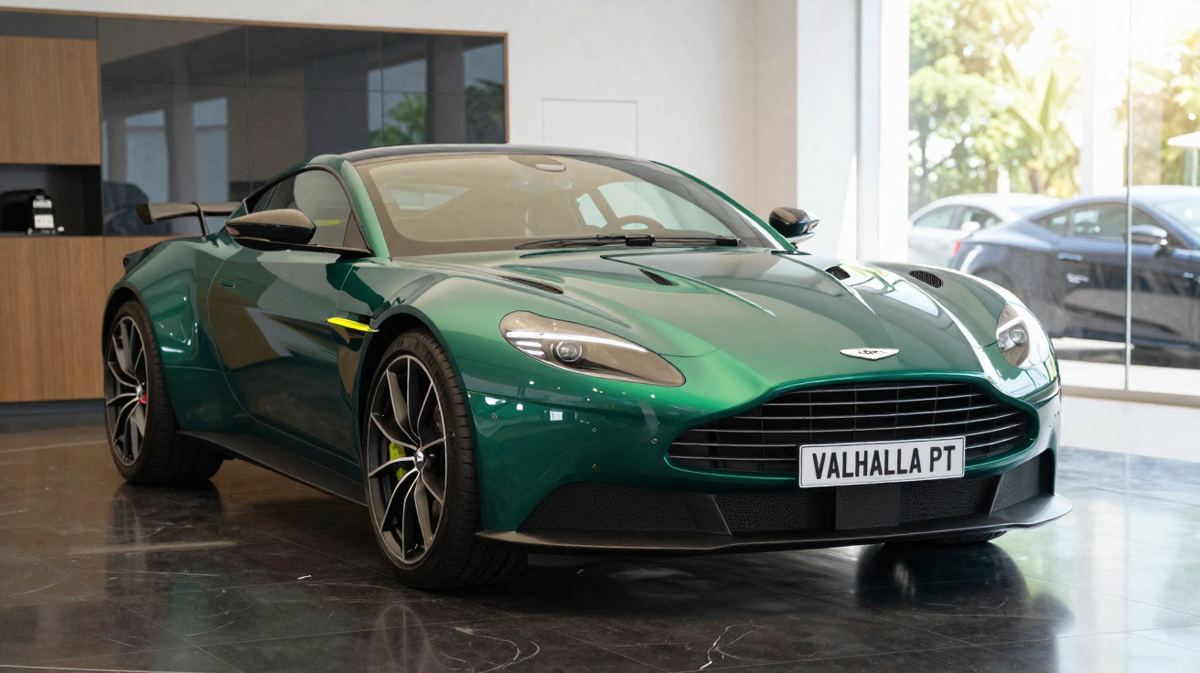Carro desportivo verde metálico Aston Martin estacionado em salão com piso e paredes claras.