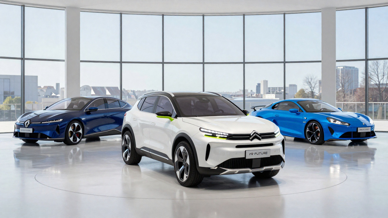 Três carros modernos expostos numa sala ampla com janelas grandes, destacando-se um Citroën branco ao centro.