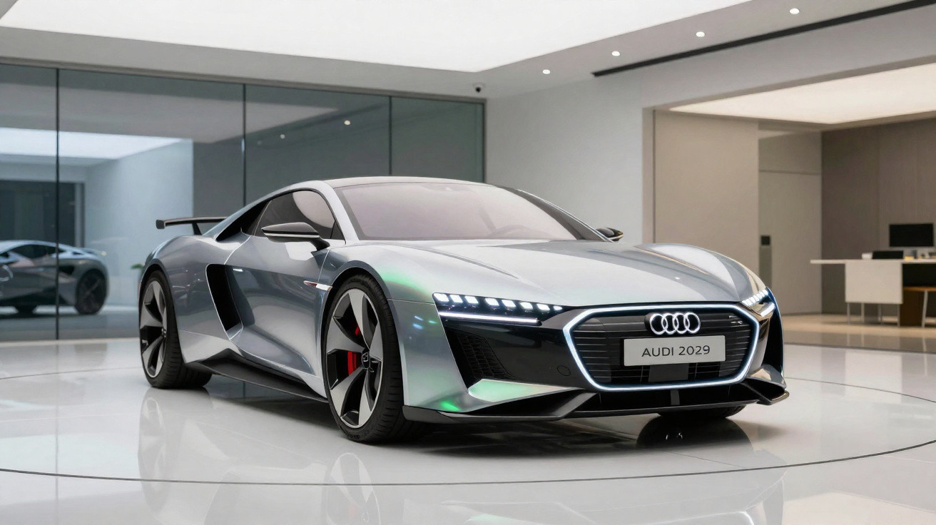Carro desportivo Audi prateado com faróis LED e design moderno, exibido numa sala sofisticada.