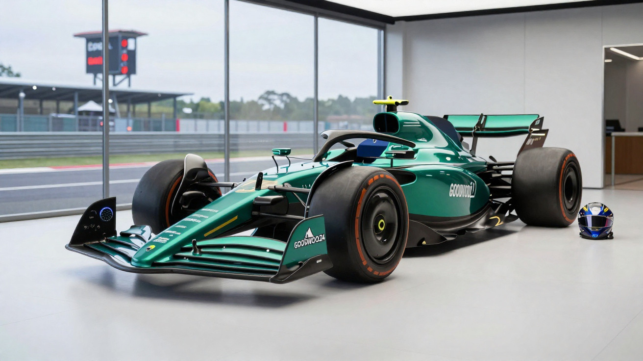 Carro de Fórmula 1 verde numa garagem com capacete azul ao lado e vista para circuito de corrida.