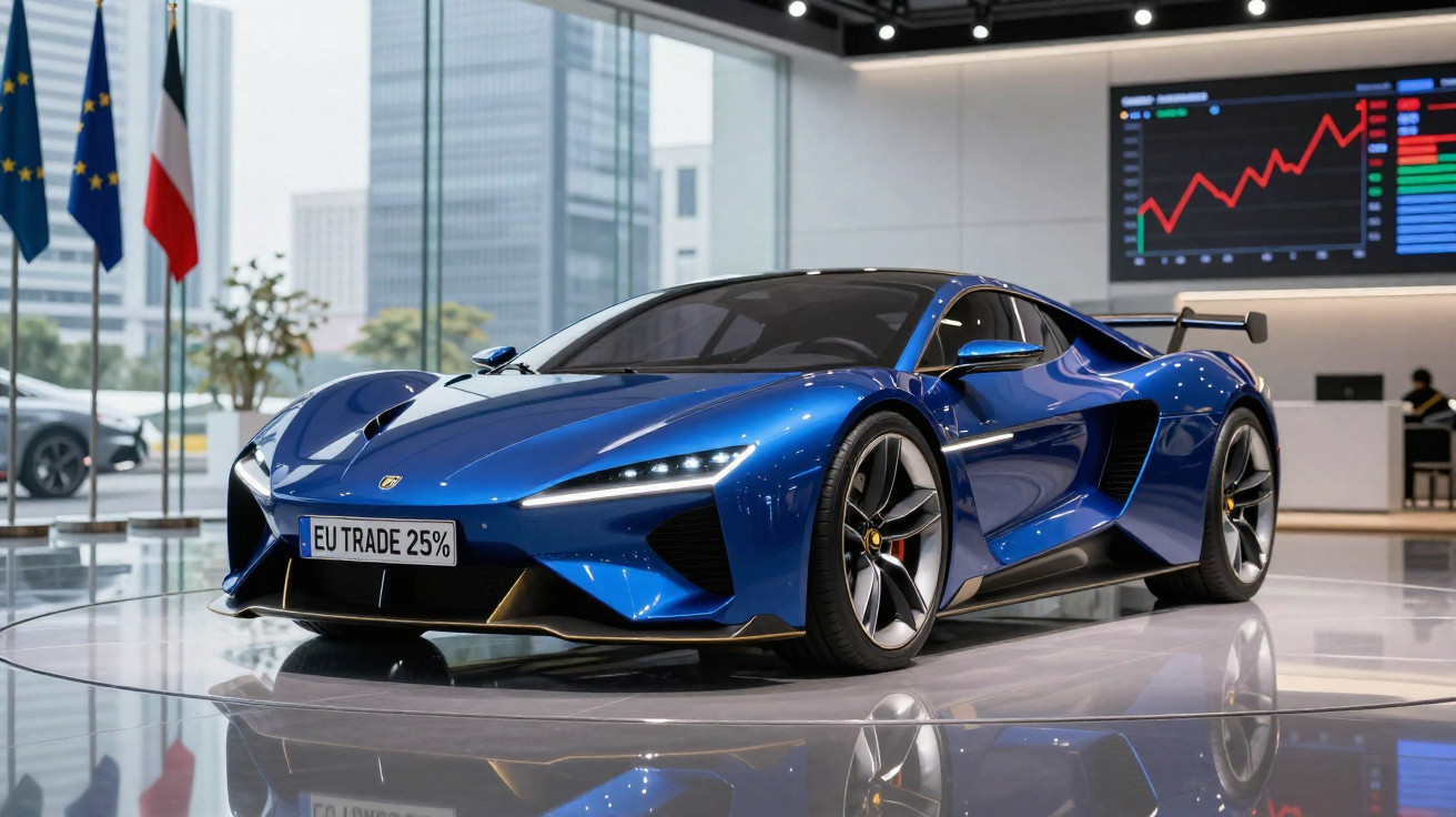 Carro desportivo azul brilhante exposto em salão moderno com gráficos financeiros ao fundo.