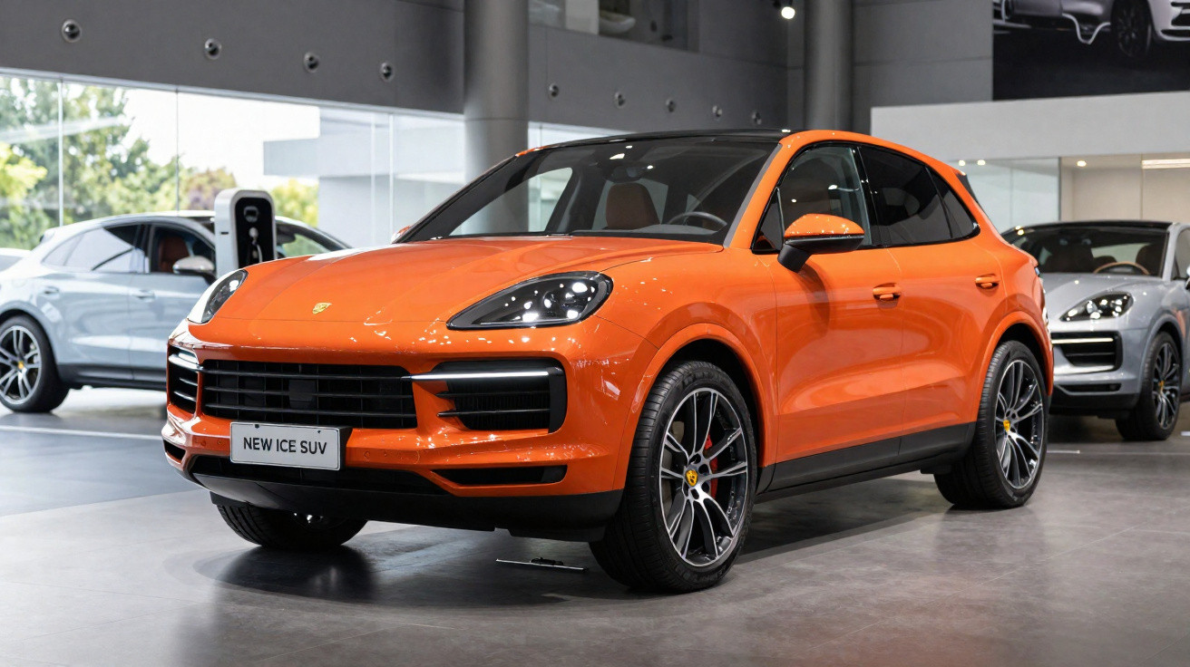 SUV Porsche novo cor laranja em exposição numa sala moderna com outros carros ao fundo.