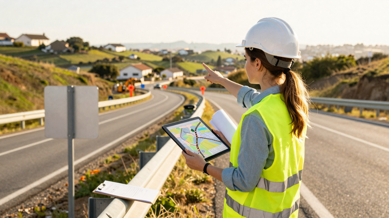 Engenheira com colete e capacete apontando estrada em obra, segurando tablet com mapa digital.