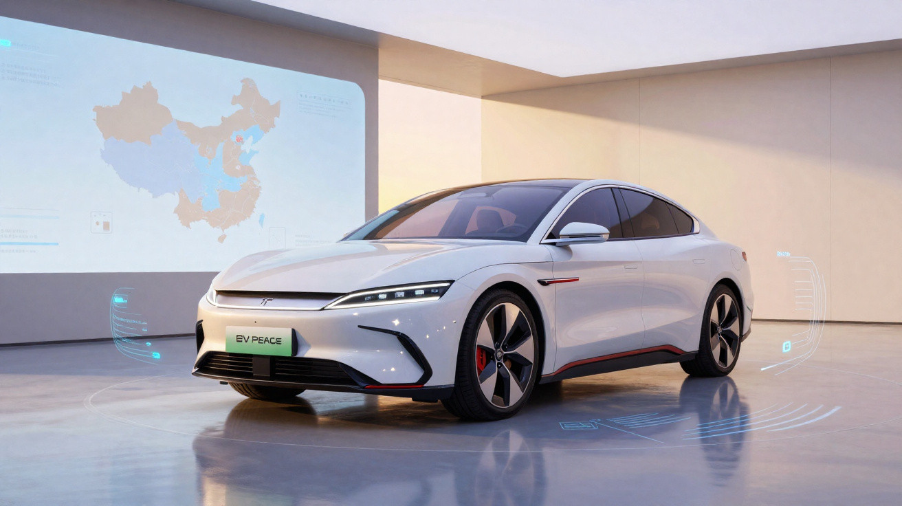 Carro elétrico branco estacionado em sala com mapa digital projetado na parede ao fundo.