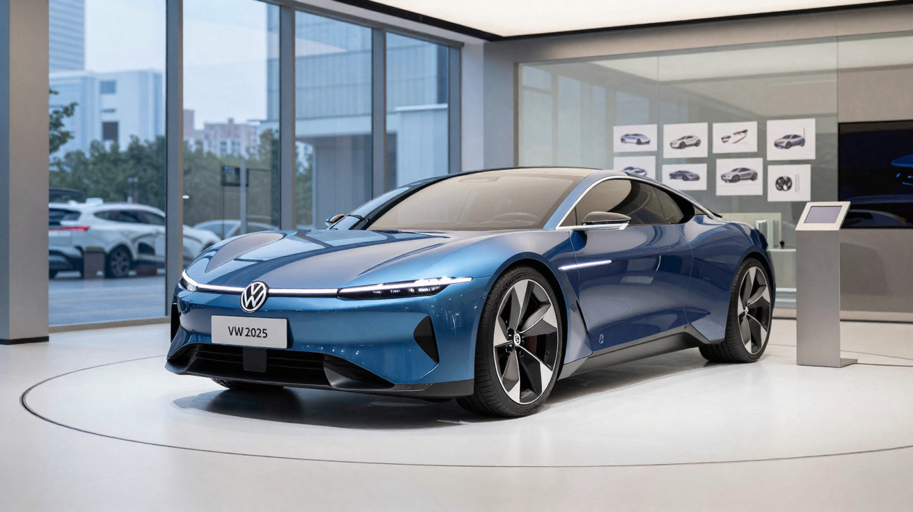 Carro desportivo elétrico azul Volkswagen VW 2025 numa exposição moderna com janelas amplas.