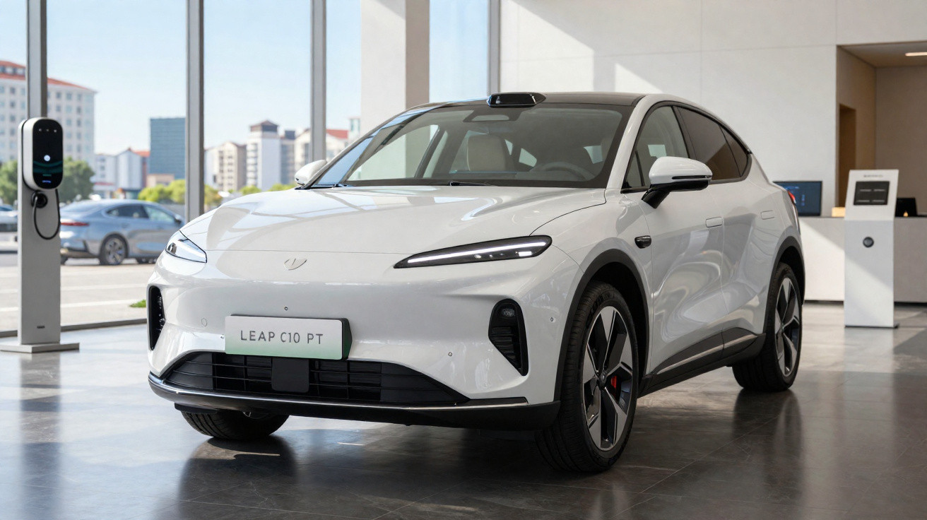 Carro elétrico branco LEAP C10 PT num showroom com estação de carregamento ao lado.