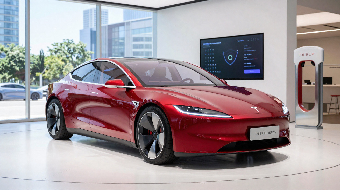Carro elétrico Tesla vermelho exposto numa sala moderna com ecrã e posto de carregamento ao fundo.
