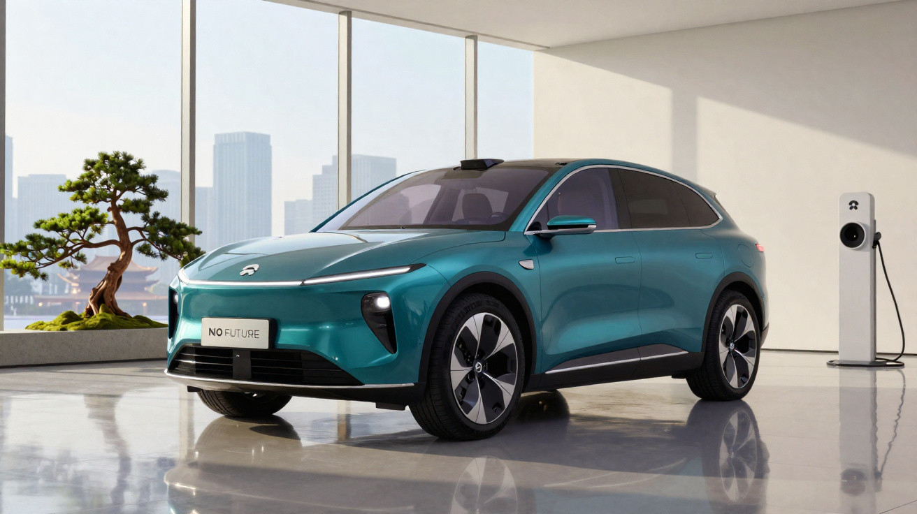 Carro elétrico azul estacionado em garagem moderna com estação de carregamento e janela grande ao fundo.
