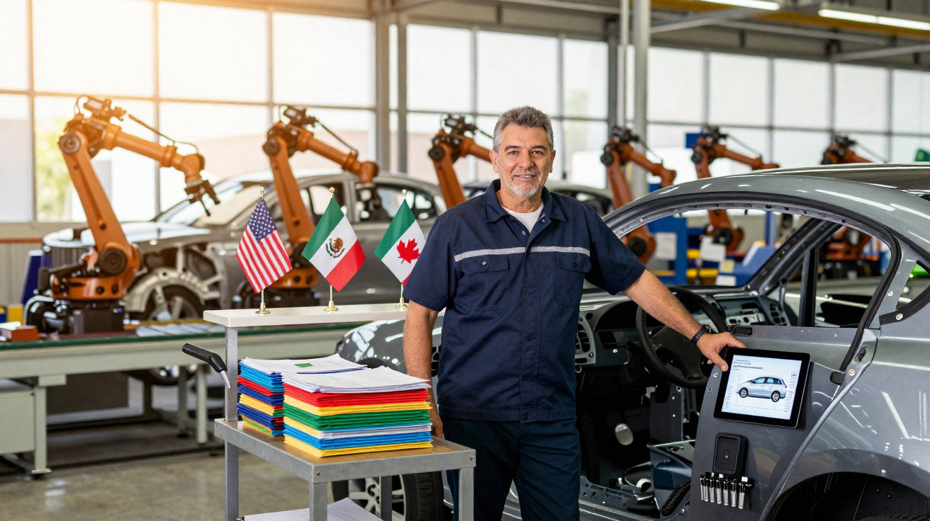 Homem de uniforme azul em fábrica automóvel com robôs industriais e carro elétrico ao fundo.