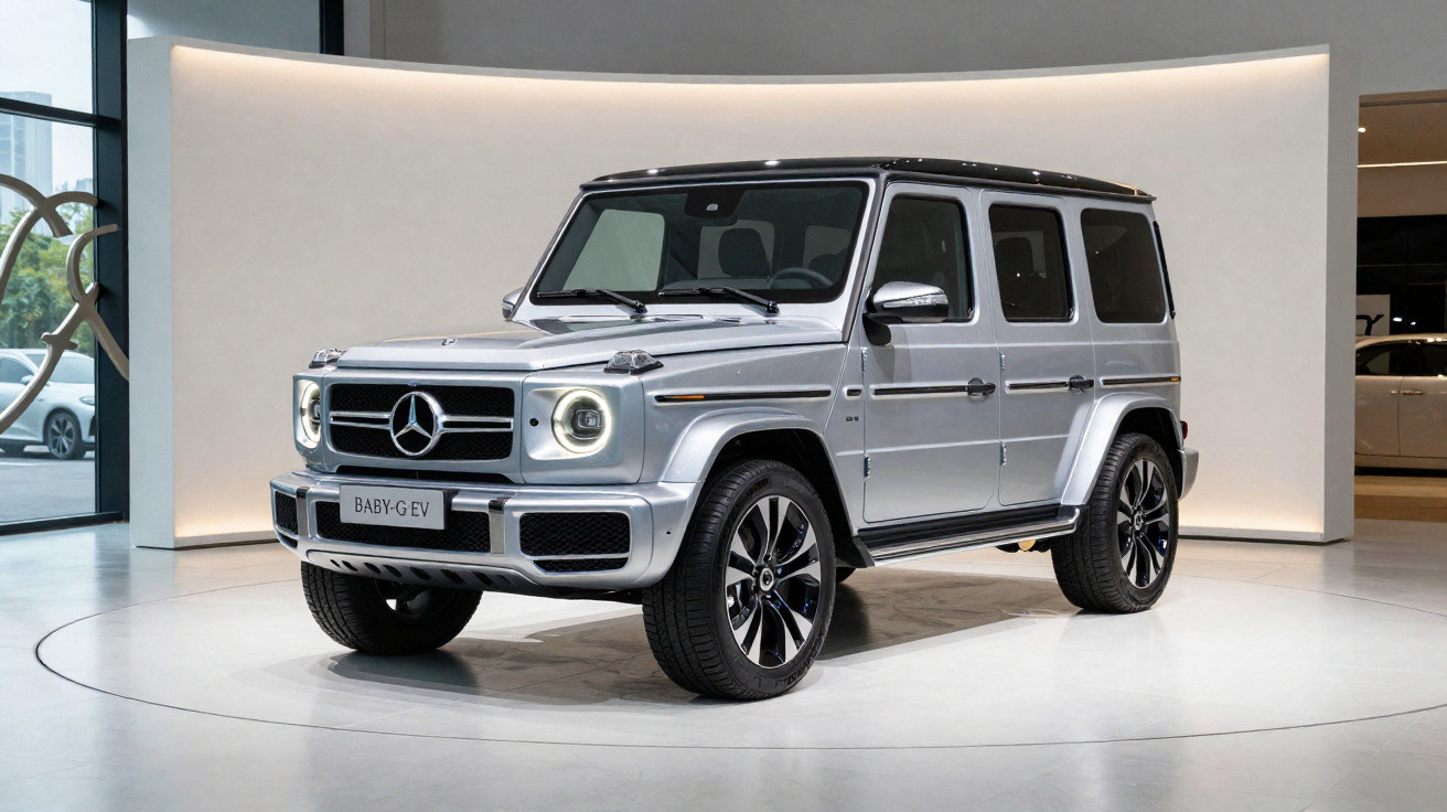Automóvel Mercedes-Benz eléctrico prateado, modelo G, exposto em espaço moderno e iluminado.