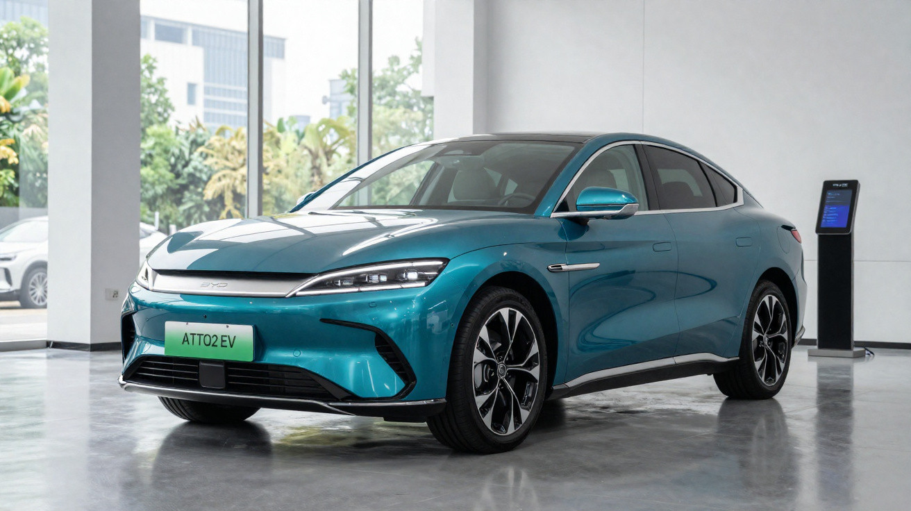 Carro eléctrico azul metálico BYD ATTO 2 EV numa sala de exposição com chão cinzento brilhante.