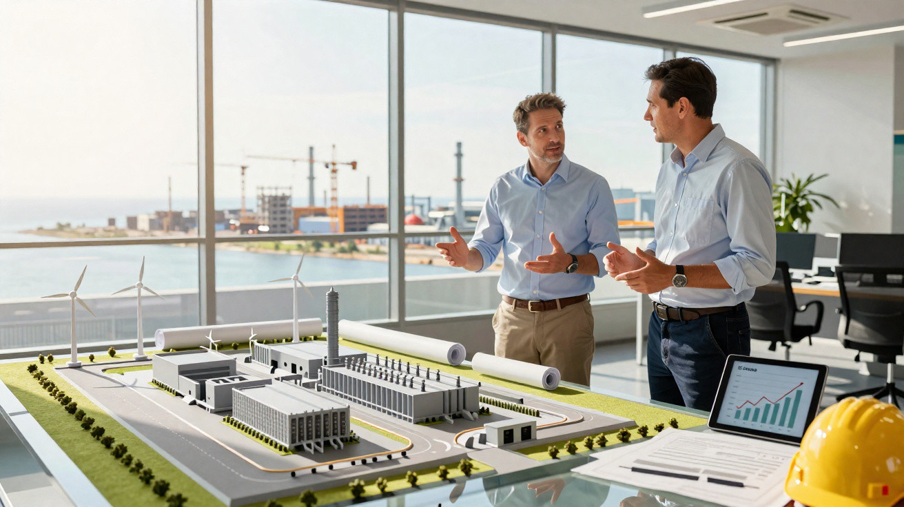 Dois engenheiros discutem projeto industrial com maquete e gráfico num escritório moderno com vista para o mar.