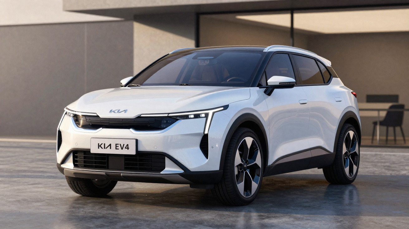 Carro elétrico Kia EV4 branco estacionado em frente a edifício moderno com janelas grandes.