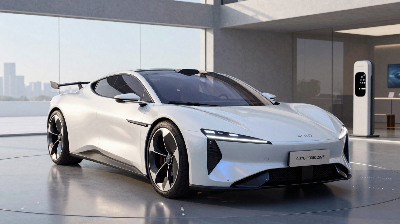 Carro desportivo elétrico branco moderno estacionado numa garagem com estação de carregamento.