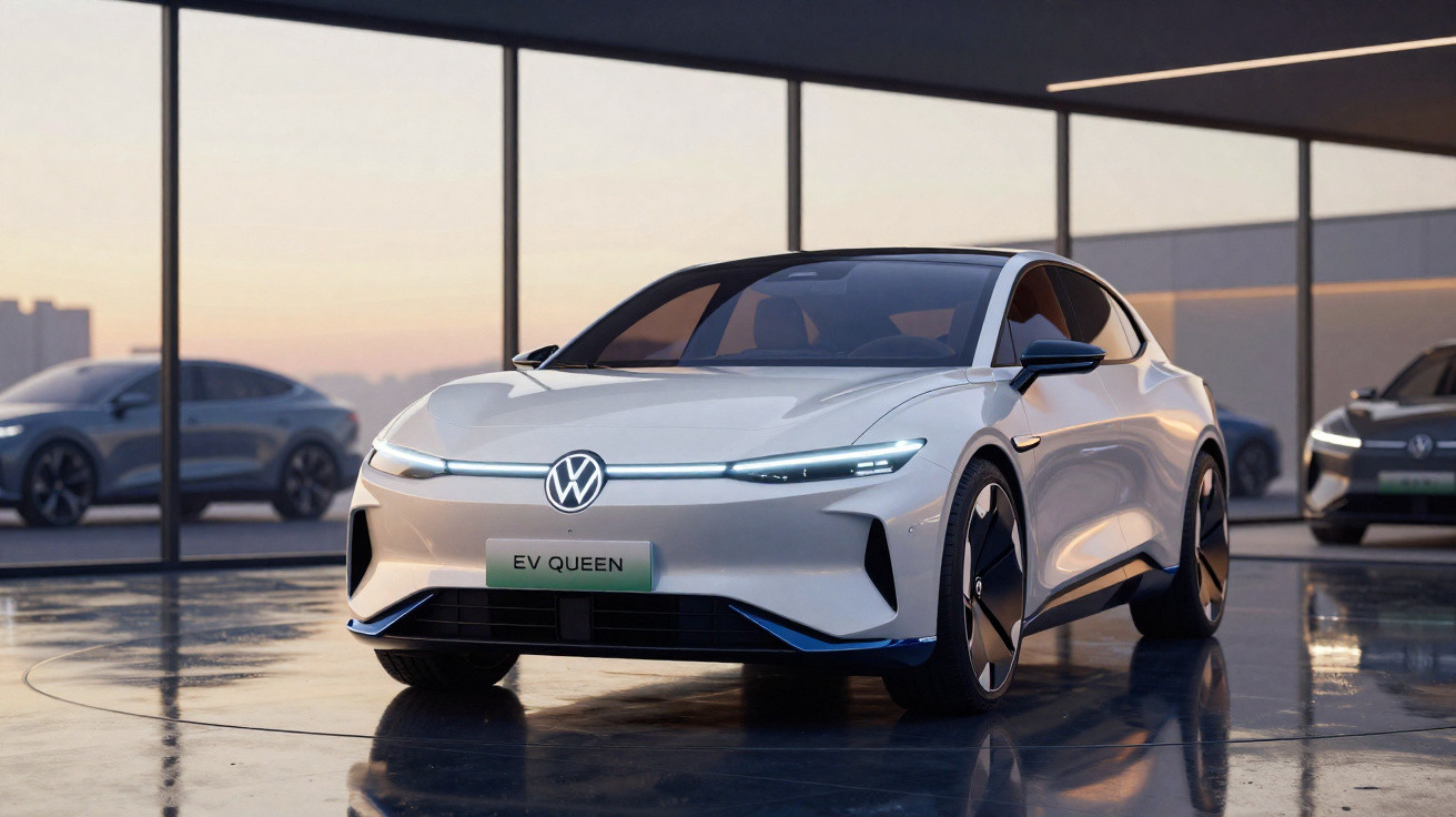 Carro elétrico branco Volkswagen EV Queen estacionado em piso polido com reflexos e janelas grandes ao fundo.