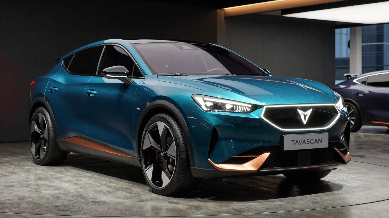 Carro elétrico CUPRA Tavascan azul metálico estacionado em ambiente moderno e iluminado.