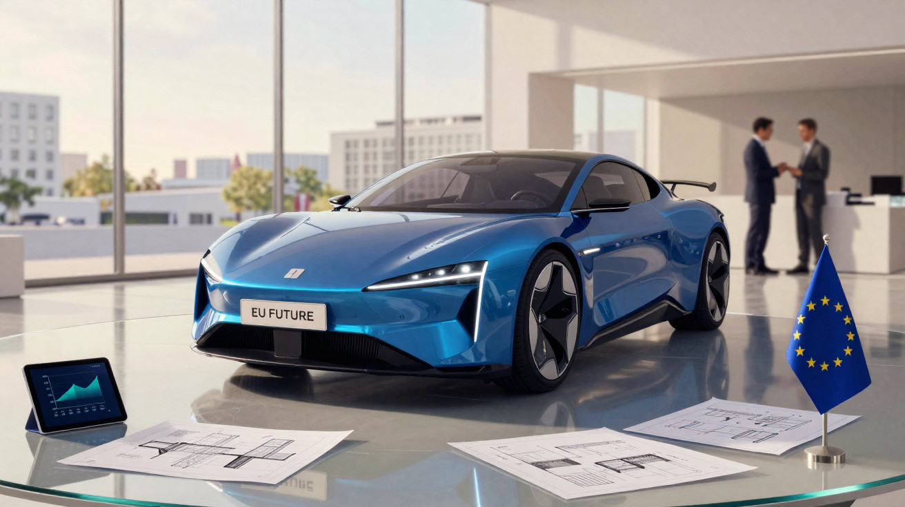 Carro desportivo azul futurista num salão moderno com desenhos técnicos e bandeira da União Europeia.