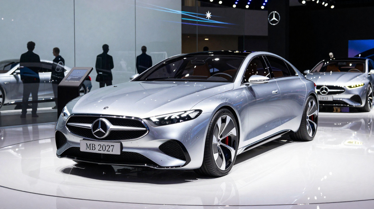 Carro desportivo cinzento prata Mercedes-Benz exposto em salão automóvel com pessoas ao fundo.