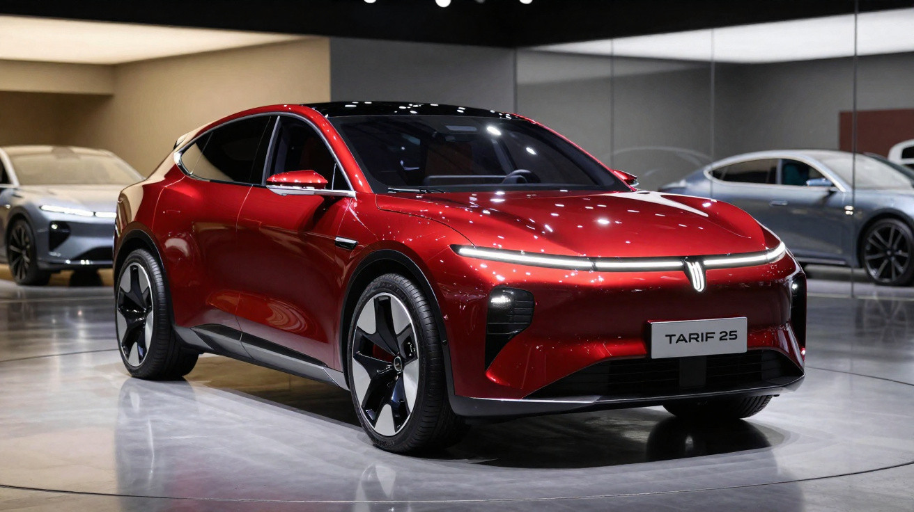 Carro elétrico moderno vermelho Tarif 25 exposto em salão, com design aerodinâmico e luzes LED frontais.