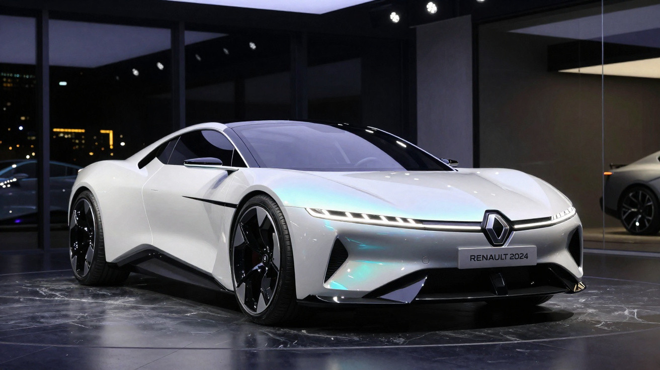 Carro desportivo elétrico branco Renault 2024 com design futurista, mostrado numa sala de exposição moderna à noite.