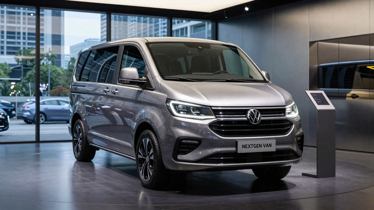 Furgão Volkswagen cinzento exposto em salão moderno com vidros grandes e iluminação suave.