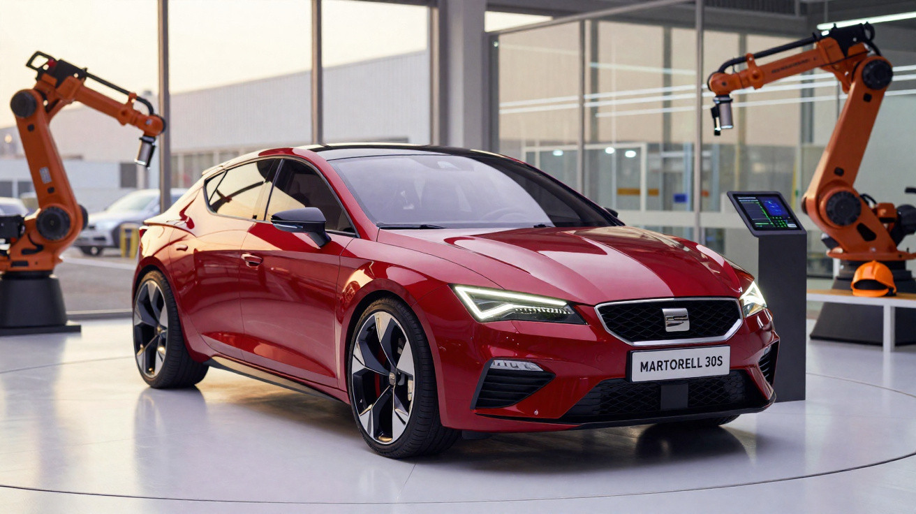 Carro vermelho desportivo SEAT Martorell 30S numa linha de produção com braços robóticos industriais.