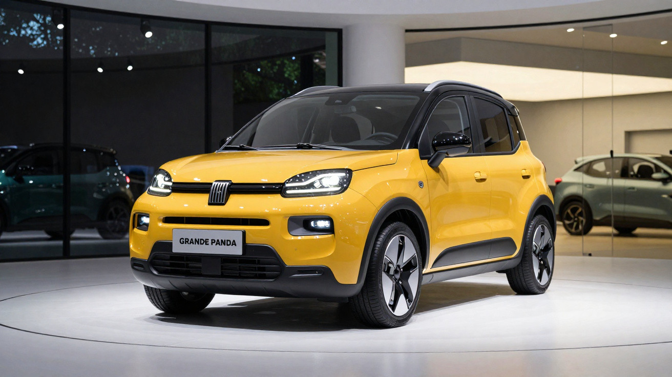 Automóvel Fiat Grande Panda amarelo com tejadilho preto, exposição em showroom moderno.