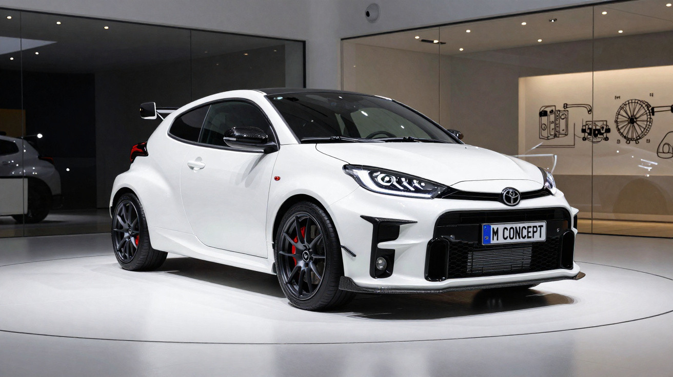 Carro desportivo branco Toyota GR Yaris exposto num salão moderno com iluminação focada.