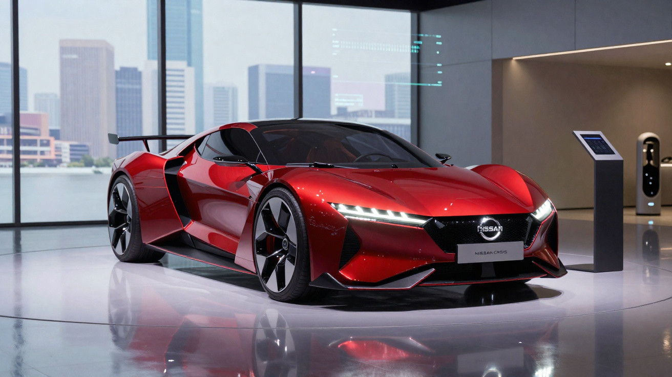 Carro desportivo elétrico vermelho Nissan em exposição numa sala moderna com vista para cidade.