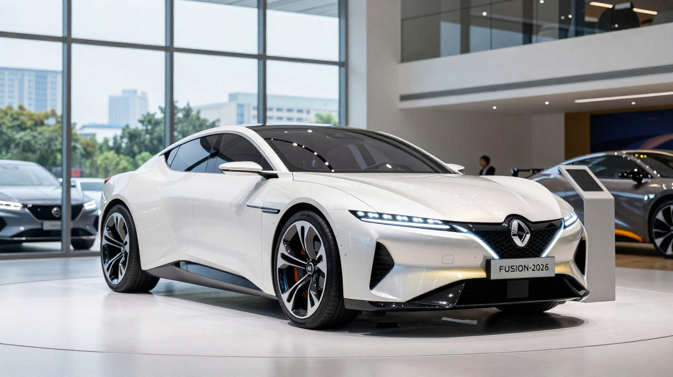 Carro desportivo branco futurista exposto numa sala de exibição moderna com grandes janelas e outros veículos.
