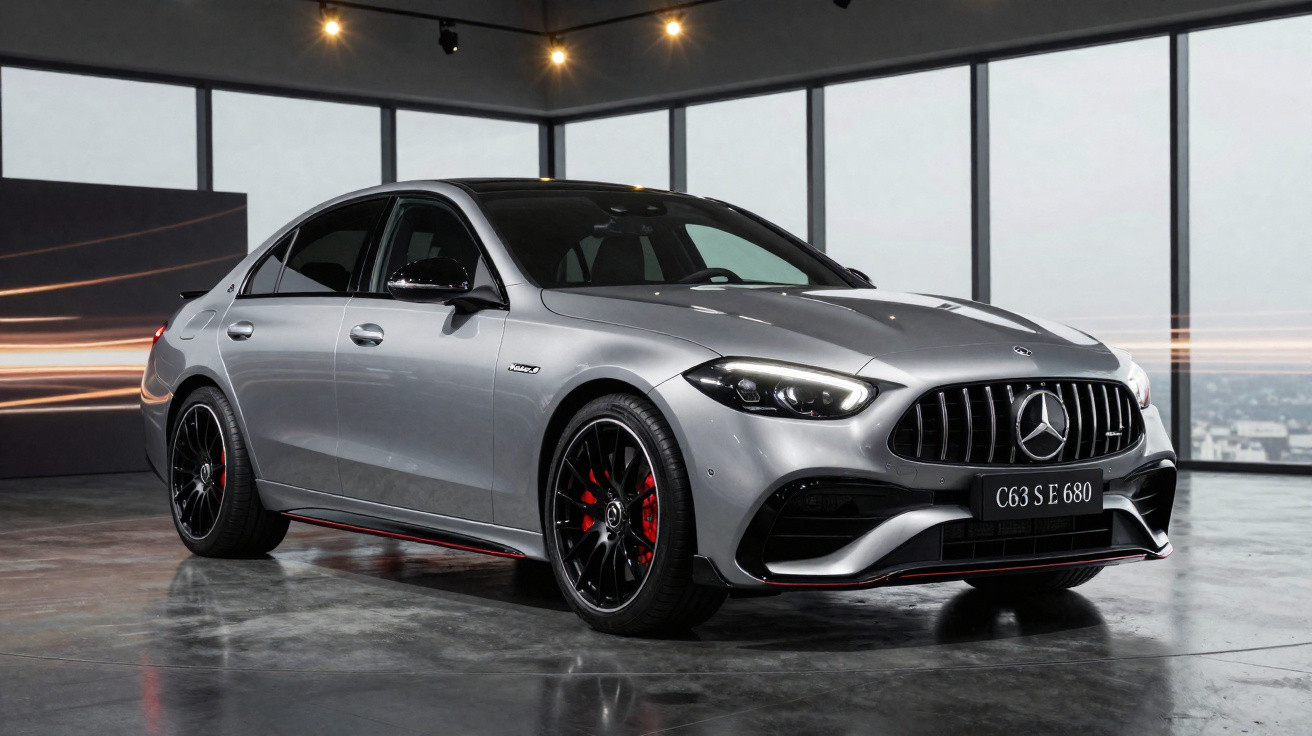 Mercedes-Benz C63 S E 680 prata com detalhes em preto e vermelho em showroom moderno com janelas amplas.